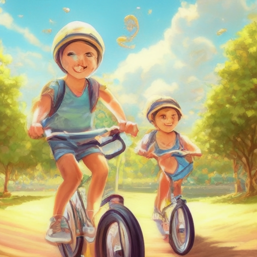 illustration of children riding electric bicycles, enjoying the outdoors and having fun.