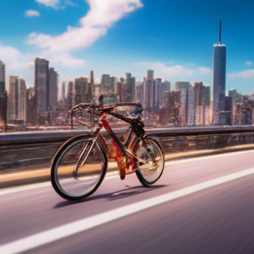 Image of a bicycle with an electric motor attached, showcasing its sleek design and the vibrant city landscape passing by.