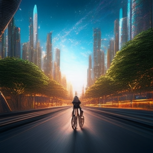 The image should showcase a futuristic cityscape with people cycling seamlessly through an electric bike-lined pathway, symbolizing the sustainable future of transportation.